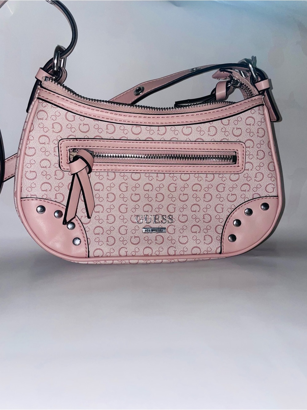 GUESS Pink Logo-Print Crossbody with Stud Details